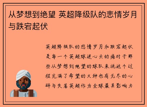从梦想到绝望 英超降级队的悲情岁月与跌宕起伏
