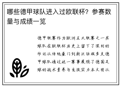 哪些德甲球队进入过欧联杯？参赛数量与成绩一览