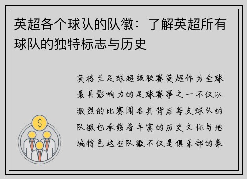 英超各个球队的队徽：了解英超所有球队的独特标志与历史