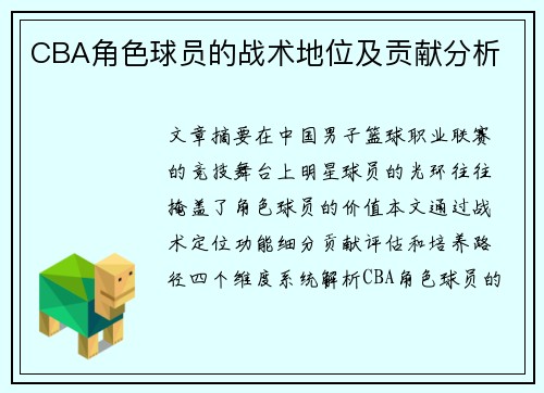 CBA角色球员的战术地位及贡献分析